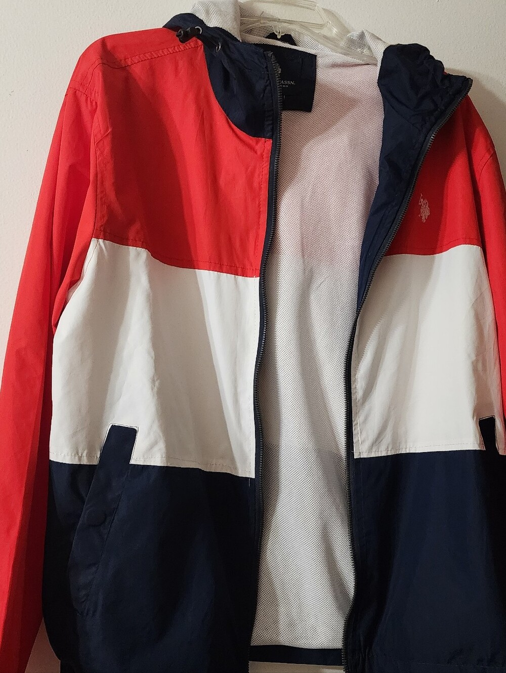 U.S. Polo Assn. Red White Navy Colorblock Hooded Windbreaker